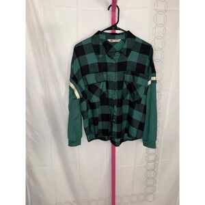SO Flannel Plaid Button Down Shirt Women Teal Black Long Sleeve Casual Top